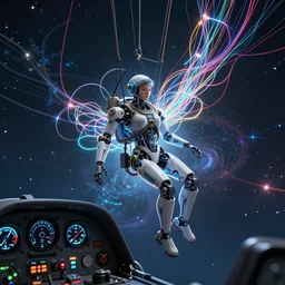 dark realism a beautiful robot fighter pilot is suspended by luminous intricate organic and colorful electric cables and wires and fiber to the jet cockpit with dials and lights and gauges and radar, experiencing the quantum field cinematic highly detailed realistic beautiful cosmic neural network octane render unreal