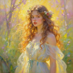 pharanthya, the beautiful goddess of spring, oil on canvas, magical realism, highly detailed, vibrant colors, golden sunlight