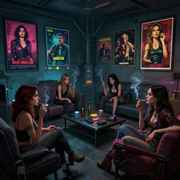 women in the interior of a cyberpunk apartment, Milo Manara, Greg Rutkowski, night time, smoking cigarettes, playing games, highly detailed, Quentin Tarantino movie posters, pulp fiction, level design, concept art, artstation, cgsociety, zenith view