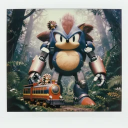 epic pose!!! giant oversized battle hedgehog figure cyborg train hedgehog robot chubby mech train! double decker with hedgehog babies, in deep forest jungle, portrait, cinematic focus, polaroid photo, vintage, neutral dull colors, soft lights, foggy mist, by oleg oprisco, by thomas peschak, by victor enrich, by gregory crewdson