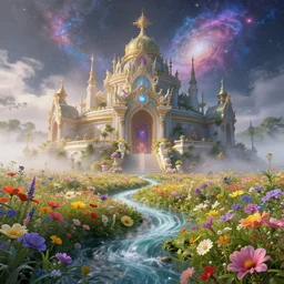 a large mystic shrine in a field of flowers, john berkey, mad dog jones, breath - taking beautiful flowers, streams, nebula, and mist, an aesthetically pleasing, dynamic, energetic, lively, complex, intricate, detailed, well - designed digital art of magic, streams, flowers, and mist, early morning, light and shadow