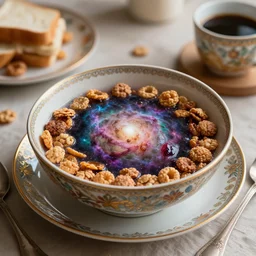 a picture of a breakfast table with a cereal bowl filled with a nebula, highly ornate, detailed, colorful, space, nebula