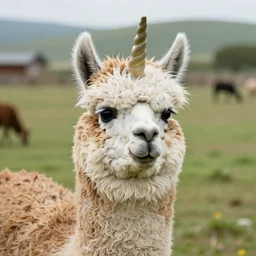 a colorful llama with a unicorn horn