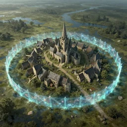 high airborne view of a downtrodden medieval town by a river in a swamp surrounded by a visible magic translucent barrier barrier barrier barrier, 4k, by Greg Rutkowski, fantasy, mix of celtic and Rus architecture, visible barrier, cinematic