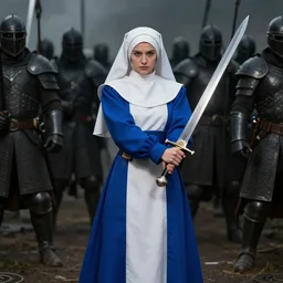 battle nun clothed in her habits of white and blue, wielding a broadsword against a dark horde, hyper realistic, photographic, award winning, trending on artstation, unreal engine