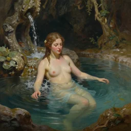 a beautiful detailed oil painting of a goddess bathing in the fountain of youth, cave, cinematic, 8 k resolution, cinematic, subsurface scattering,