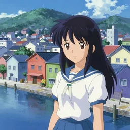 wharf, colorful buildings, city on mountainside in distance, japanese city, cel - shading, 2 0 0 1 anime, flcl, jet set radio future, the world ends with you, sunshine, cel - shaded, strong shadows, vivid hues, y 2 k aesthetic, art by artgerm