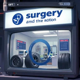 logo and signage for a shop that specializes in surgery and tire rotation. crt tv overlay. artstation. r / cyberpunk