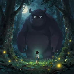 ! dream a small boy discovers a giant hairy monster in a misty moonlit forest, surrounded by fireflies, art by studio ghibli, trending cgsociety, cinematic lighting