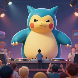 shot over his shoulder looking into the crowd, pokemon snorlax djing on a massive stage at cochella in front of a crowd of 1 0 0 0 0 0