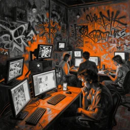 highly detailed painting. night is full of lights, screens, pc, phone, you cant sleep by atey ghailan, by greg rutkowski, by greg tocchini, by james gilleard, by joe fenton, by kaethe butcher, gradient orange, black and white color scheme, grunge aesthetic!!! ( ( graffiti tag wall background ) )