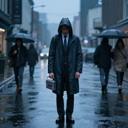 a guy in the middle of the street holding a cassette player, heavy rain, in solitude, dressed in a raincoat suit, sad people aesthetic, blue hour