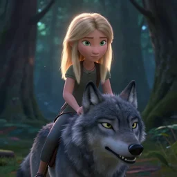 medium shot young girl, blond hair green eyes, astride a gray wolf, in a dark forest, mysterious, backlit, perfact face, beautiful still from a pixar dreamworks movie, trending on artstation