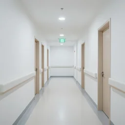 liminal space of a hospital, long hallway, exit sign at the end, white walls, white tiles