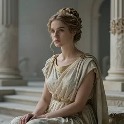 cinestill 5 0 d portrait of a beautiful woman by annie liebovitz, sitting in a hyper detailed ancient roman environment, pale dramatic tonal matt, hair intricate style, wearing are intricate ancient roman dress, elegant, highly detailed, soft foggy blur, artstation, sharp focus, head in focus,