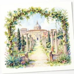 delicate garden on paper floating puffy vines botanical herbarium botanic watercolors iridescent 8 k wide angle realistic artstation italian rainbow neoliberty architecture pompeii