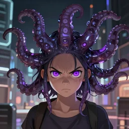 artstation young girl with purple eyes and tentacles on her head in fury, very detailed, in glass town, portrait, high contrast
