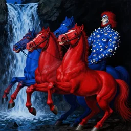 red horses with blue riders, too many teeth, too many eyes, in hoc signo vinces, waterfall, in the style of gottfried helnwein, light by caravaggio, part by rodcenko, part by hofbauer, high contrast chiaroscuro, intricate composition, blue light, insanely quality, highly detailed, masterpiece, red light, artstation