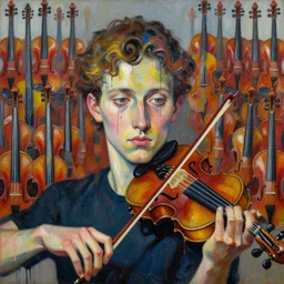 portrait of a young violinist focusing, painted by vincent lefevre and hernan bas and pat steir and hilma af klint, psychological, symmetrical face, dripping paint, washy brush, background with hundreds of violins by andreas gursky, rendered in octane, altermodern, masterpiece