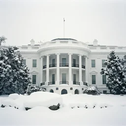 The White House in a blizzard with massive piles of snow up to the roof, 35mm film
