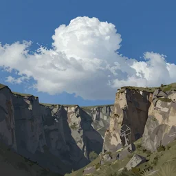 landscape 2 d by raphael lacoste and erikas perl, ruins, defined forms, beautiful cloudy deep blue sky, perfect composition, cliffs, no fog, detailed, flat ilustration, trending on artstation