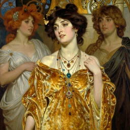 highly detailed oil painting, women, glowing skin, gold ombre velvet gown, greek scene, beautiful face by leyendecker, dozens of jeweled necklaces, by greg rutkowski, brom, anato finnstark, alphonse mucha, cinematic lighting,