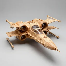 photorealistic wood carving of a star wars x - wing spaceship.