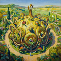 birdview of garden shaped into mandelbulb pattern, oil on canvas, surrealism, by salvador dali