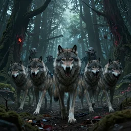 an epic action concept masterpiece of a rabid wolfpack, in a forest made of nightmares, horrific digital art, extremely moody lighting, style of magali villeneuve