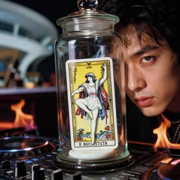 cinestill 5 0 d, 8 k ; esoteric ultra realistic major arcana in kagemusha ( 1 9 9 0 ) film still flaming club dj mixing scene in frontiers in porcelain photography fashion magazine june seinen manga closeup portrait edition, hyperrealistic real - life smoldering tarot card porcelain occult figurine in victorian glass jar, pointe pose, eye contact, tilt shift wide shot zaha hadid background