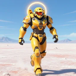 character portrait of samus aran metroid wearing halo spartan mjolnir armor combined with varia suit running across salt flats, video game, concept art, metroid, halo infinite, good value control, vibrant colors, yellow and orange color scheme, masami suda