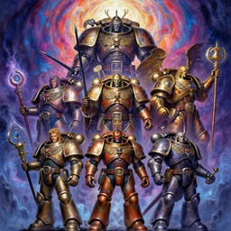 epic omnious academic drawing of three levels of wh40k chaotic deities/gods/demiurges organized into a vertical hierarchy in vivid iridescent warp heaven by James Gurney, Zdislaw Beksinski, Alex Gray, Greg Rutkowski, Robert McCall