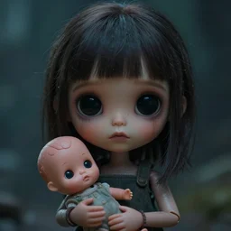 a little alien girl with big sad black eyes and dark hair holds a doll in her hands, bangs cover half of her face, sci - fi, 3 d, mysterious atmosphere, photorealistic, ultra - details
