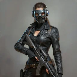 painting of female wearing a skintight leather jacket and a mask with cybernetic enhancements holding a rifle, full view, popular on artstation, artstationhd, artstationhq 8 k, volumetric lighting, super focused, no blur, trending on artstation, artstationhd, artstationhq, ultra detailed, by artgerm and james gurney, greg rutkowski,