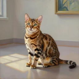 museum painting, medium - shot, small bengal cat, oil painting, dreamy, early morning light, light squares on the floor, matte painting, masterpiece, alicia rius, artgerm, yerka, rutkowski, mucha, kinkade