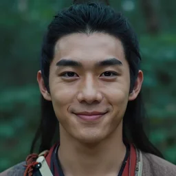 a ultra high resolution close - up of young warrior from tai tribe in lush green forest. photo from the front. cute and beautiful and handsome man is smiling and has eye contact with the camera. face is clear and symetrical and looklike korean idol. the light is dim, and the colours are muted. kodak etkar 1 0 0.