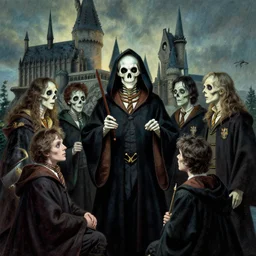 Death teachines in Hogwarts, detailed, fantasy illustration by Paul Kidby