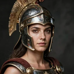 close - up portrait of female roman gladiator with helmet and armor, art by helmut newton