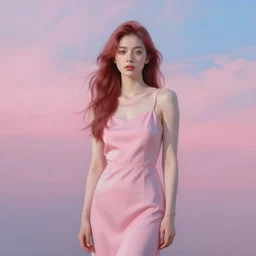 portrait of a beautiful girl, standing in an empty landscape, shades of pink and blue, by john chamberlain