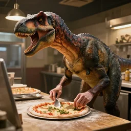 film still of a dinosaur working in a pizza parlor making pizza in the new Avengers movie, 4k