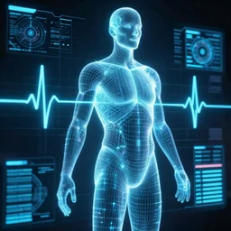 science, human performance, wireframe human, heartbeat, technical diagram, dashboard, glowing wireframe, future scifi scene, biometric dials and displays in background, high detail, precise lines, angular, vector, biometric sensors