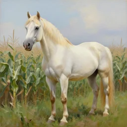 a portrait of a posed petite blonde horse in a cornfield, great body, oil painting, pale colors, high detail, 8 k, wide angle, trending on artstation,