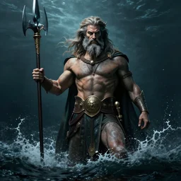 Poseidon, the god of the sea, matte painting, photorealistic, dark colors