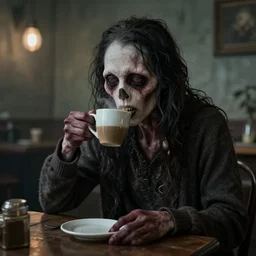 a creepy humanoid drinking coffee