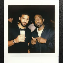 2000s Polaroid photo of Drake and Kanye West having a party
