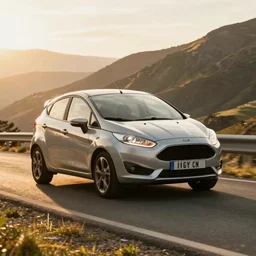ford fiesta mk 6 zetec on a mountain road, award winning photograph, golden hour