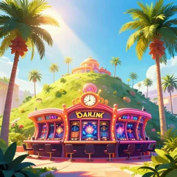 a casino over the top of a hill with palmtrees, brightly illuminated by rays of sun, artstation, colorful sylvain sarrailh illustration