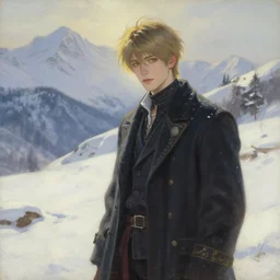faerie male visual kei rocker in the snowy mountains. gouache fairytale art, russian romanticism, muted palette, backlighting, depth of field.