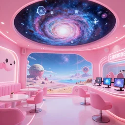 kawaii gaming cafe in daylight, overwatch, Pink pastel, pink neon lights, Little planet, An Odyssey Beyond Reality, cinematic, hyper realism, high detail, octane render, unreal engine, 8k, vibrant color, from the spirals of galaxies to the hexagonal shapes of snow crystals!, a desolate alien world full of rich colors!!, unique architecture, by andrea chiampo and chet zar