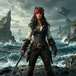 by oka yasutomo and anna dittmann, visually stunning, cinematic, ultra realistic, hyper realism, 1 2 k, epic, octane render, unreal engine, vfx, maya, a land on an unforgiving world of churning oceans and jagged coastlines, portrait of female space pirate, the undying troll, the most wonderful dream you ever had